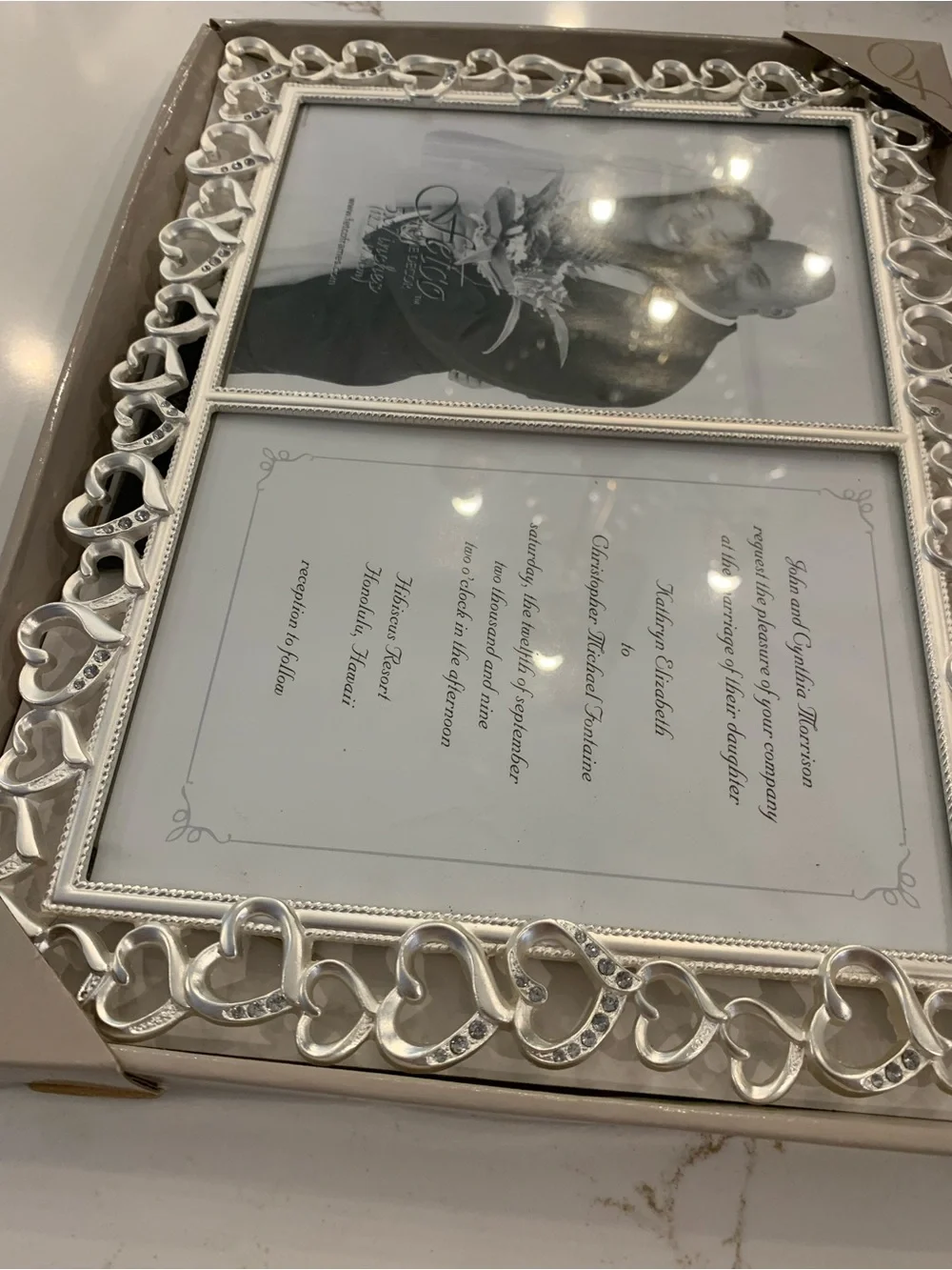 Open Heart Double 5x7 Metal Photo Frame Silver Hearts, Love, Wedding NEW